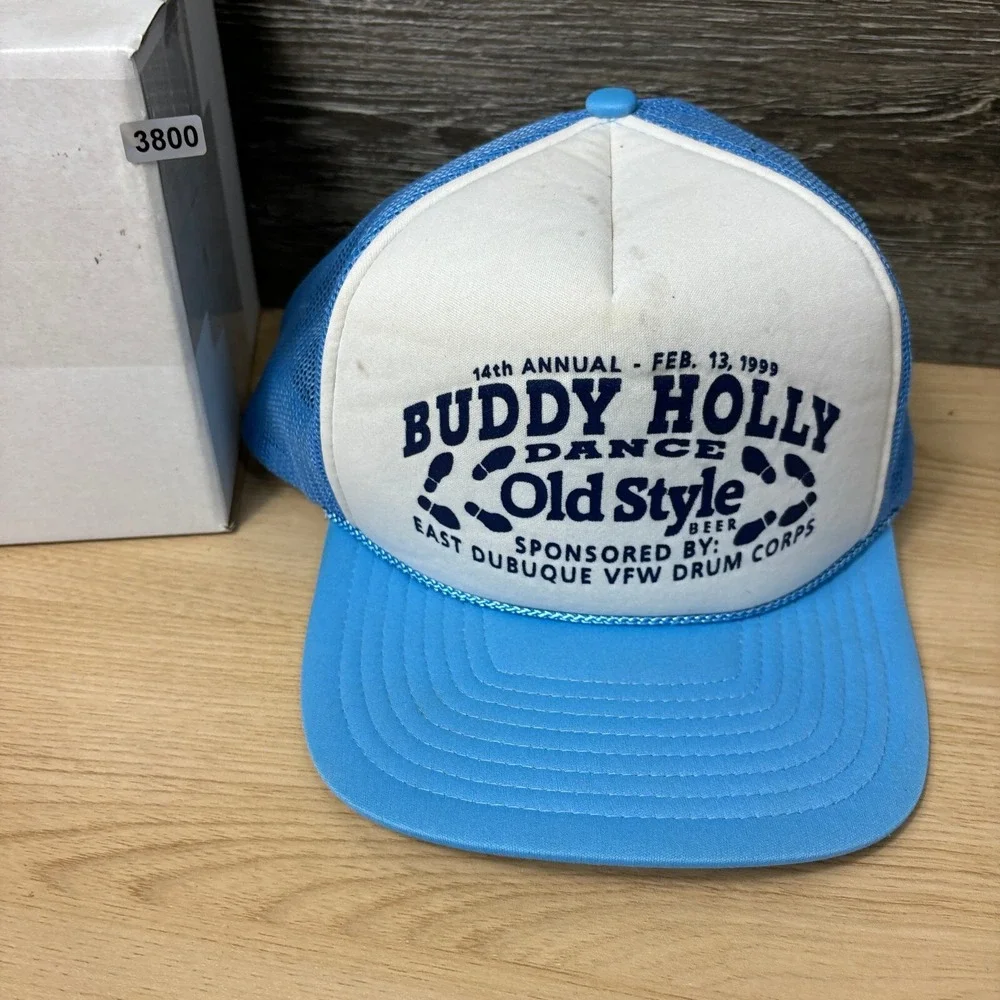 Vintage Buddy‎ Holly Hat Cap Snap Back Blue Trucker Dance Old Style Beer 90s